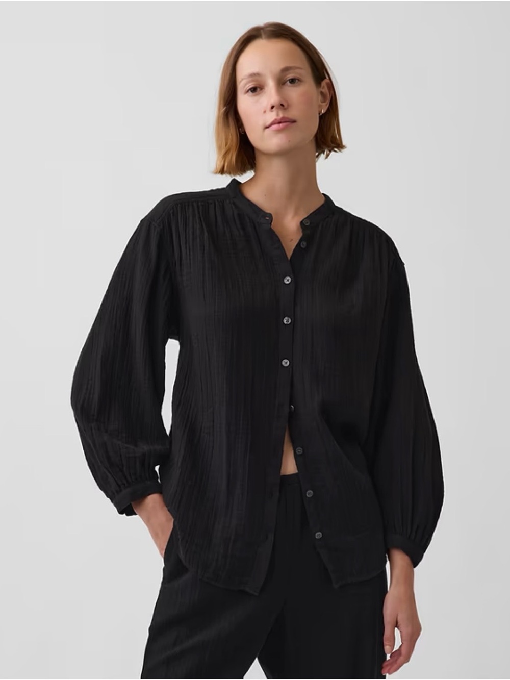 GAP Crinkle Gauze Cotton Black Collarless Button Front  Shirt